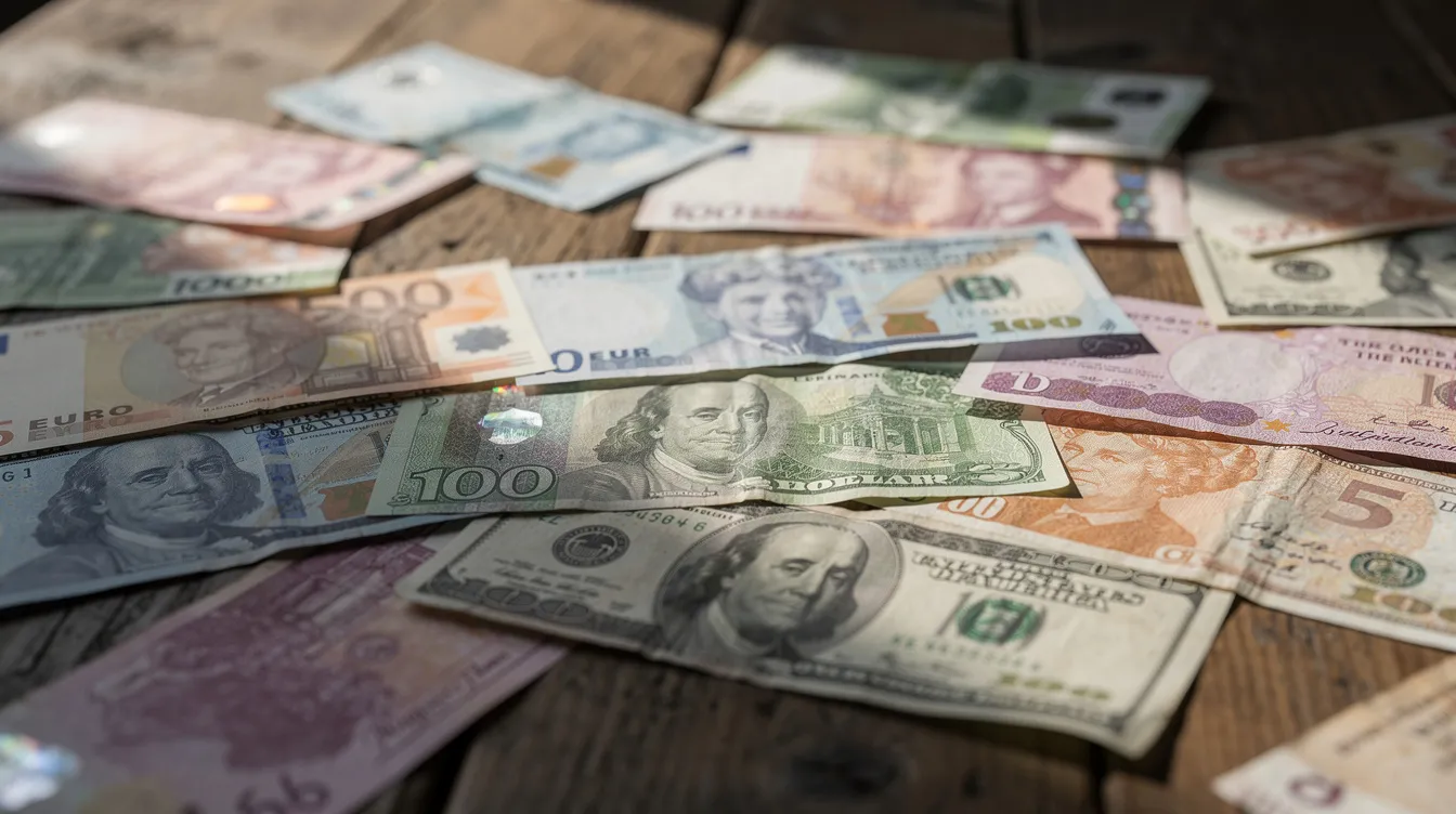 The image features a vibrant assortment of colorful banknotes from various countries, artfully arranged on a wooden table, symbolizing the diversity of international payments and currency conversion. This visual representation highlights the importance of understanding exchange rates and the different payment methods available for global transactions.