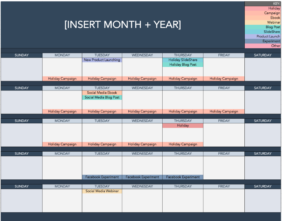 A template of a content calendar