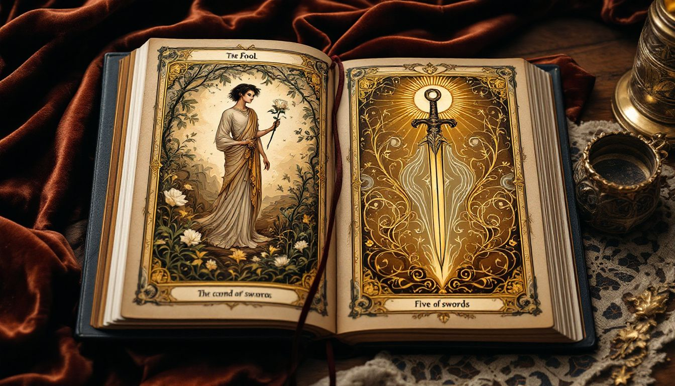 An open tarot journal with notes on card meanings next to tarot cards.