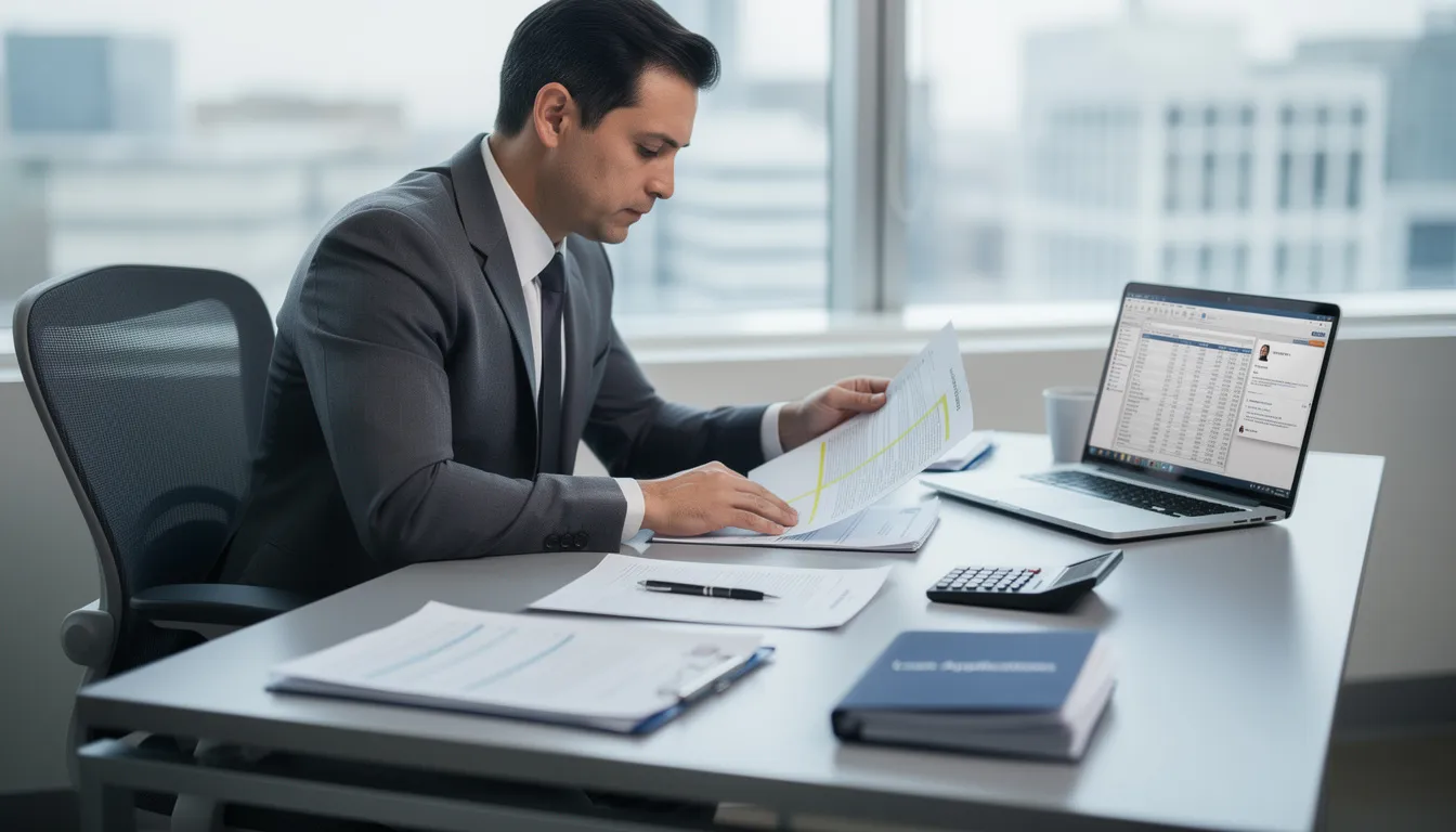A professional loan officer is seated at a desk, intently reviewing mortgage application documents alongside a laptop and various paperwork. This scene highlights the importance of financial responsibility and achieving mortgage readiness for potential homebuyers.