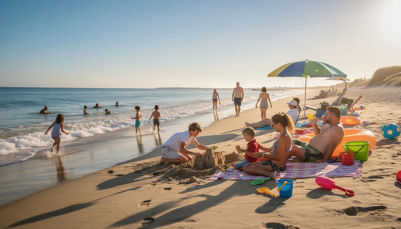 Families are enjoying a sunny day at a wide sandy beach along Connecticut's coastline, where gentle waves lap at the shore, creating a perfect setting for relaxation and recreational activities. The scene captures the essence of coastal living, with vibrant communities and picturesque landscapes inviting residents to embrace the summer months.