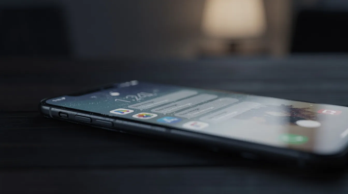 The image shows a close-up of a smartphone screen in a dimly lit room, displaying multiple unread message notifications, which may include suspicious messages that could lead to scams or data leaks. This scene highlights the importance of being cautious with unknown links and enabling two-factor authentication on apps like WhatsApp to protect personal information.