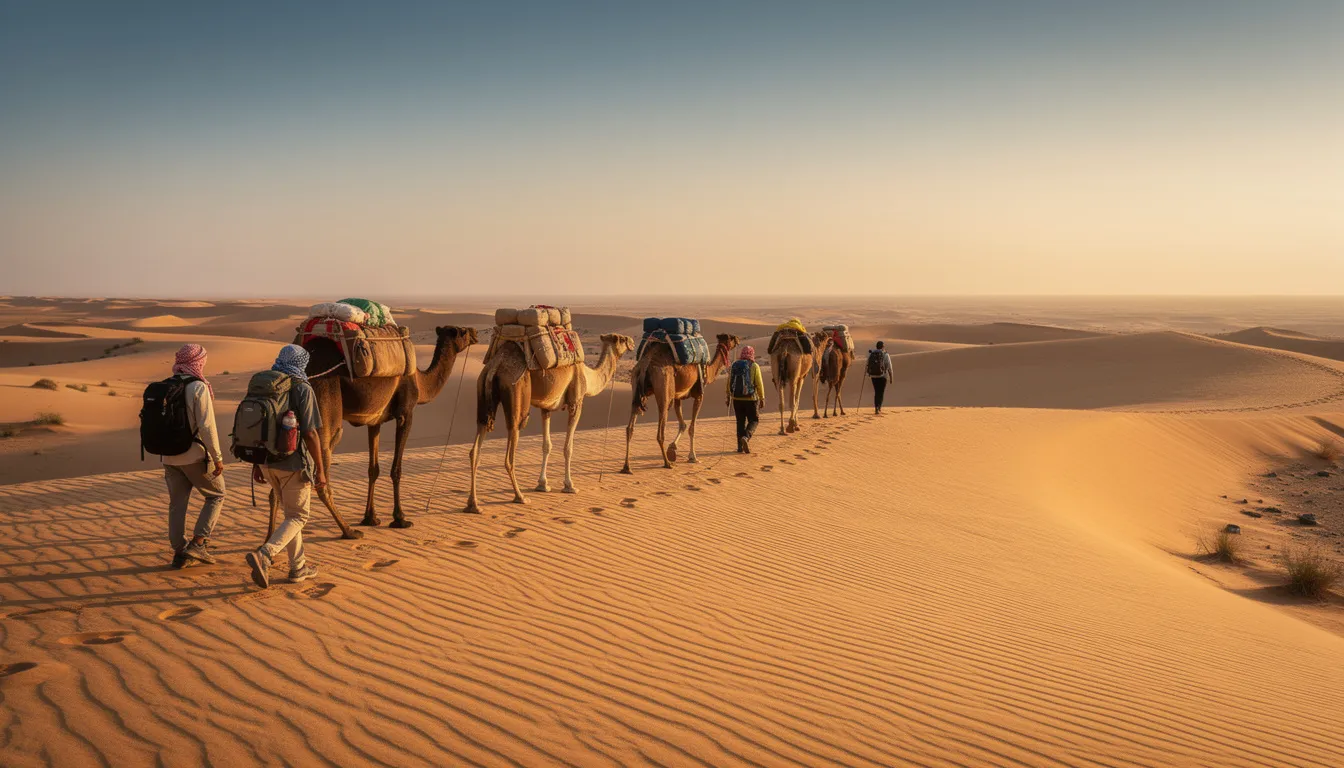 A group of desert trekkers walks alongside a camel caravan across golden sand dunes, with a vast expanse of the Sahara Desert in the background, showcasing the rolling dunes and sparse desert terrain. The scene captures the essence of a desert trek, highlighting the adventure and beauty of this amazing experience.