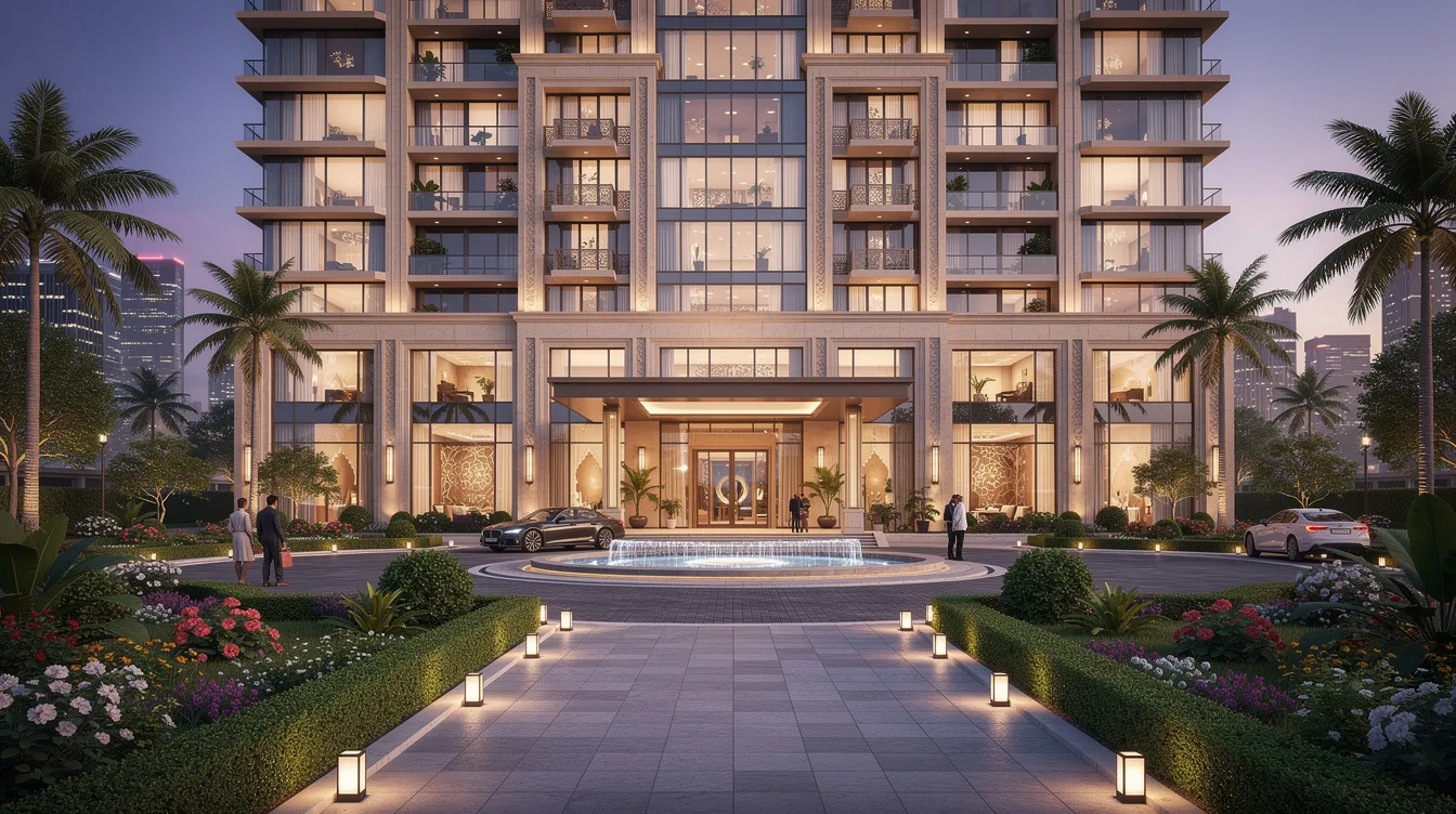 2a595012 b73c 4d91 b3ea 52c6d3bd99a5 The image showcases the elegant exterior of a luxury hotel at dusk, featuring a beautifully landscaped entrance that highlights its grandeur in an Indian city setting. This scene reflects the hospitality industry's focus on aesthetics and guest experience, crucial for hotel financial models and profitability analysis.