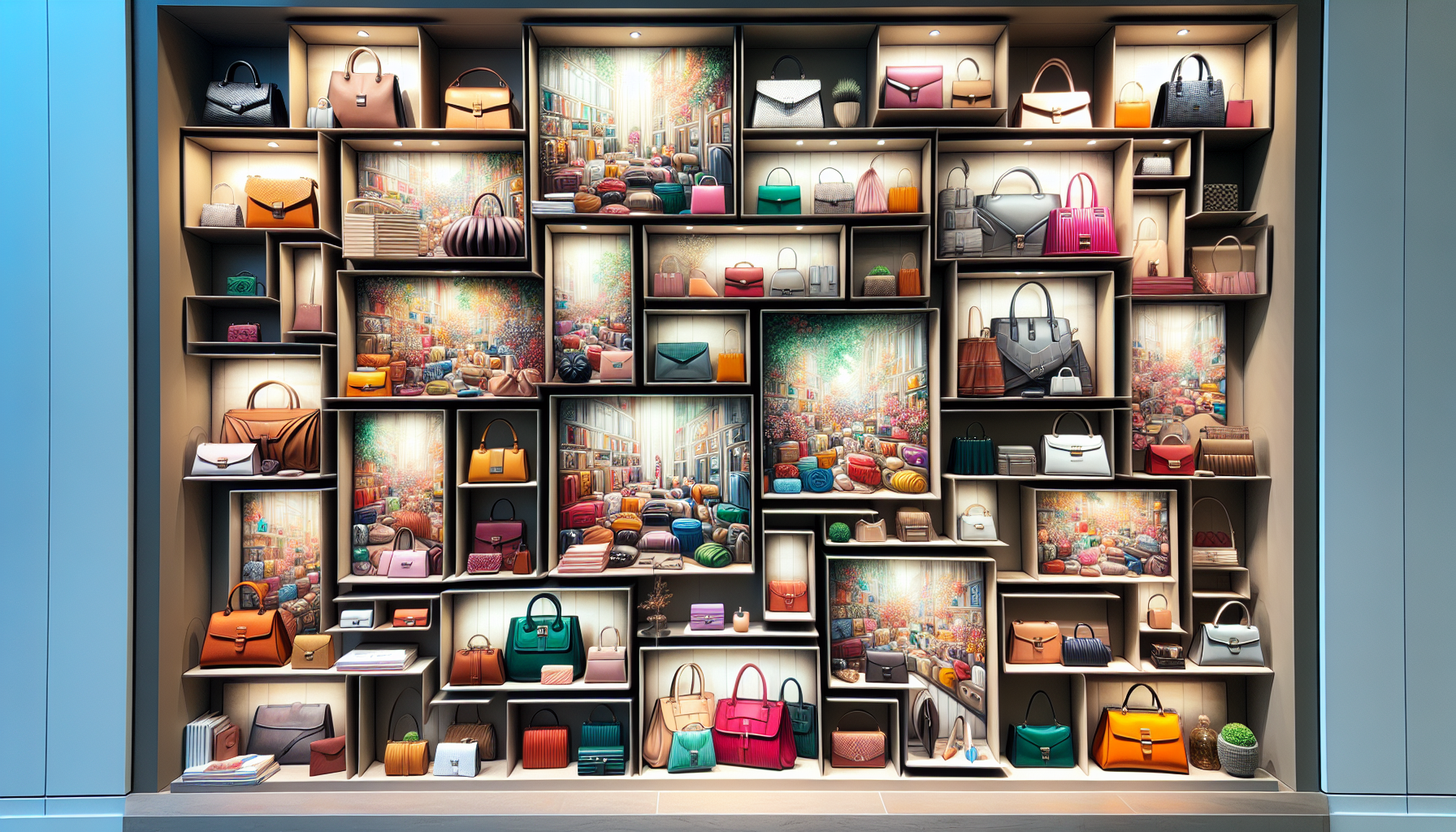 A creative illustration of decorative shelves displaying a purse collection.