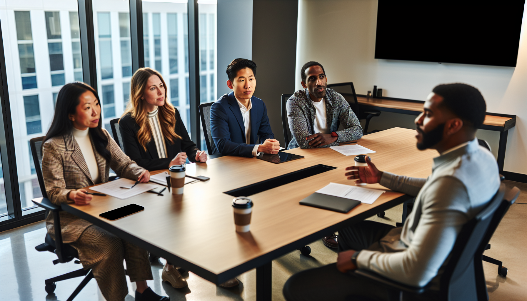 A diverse group of employees discussing employee benefit packages in Rancho Cordova, CA