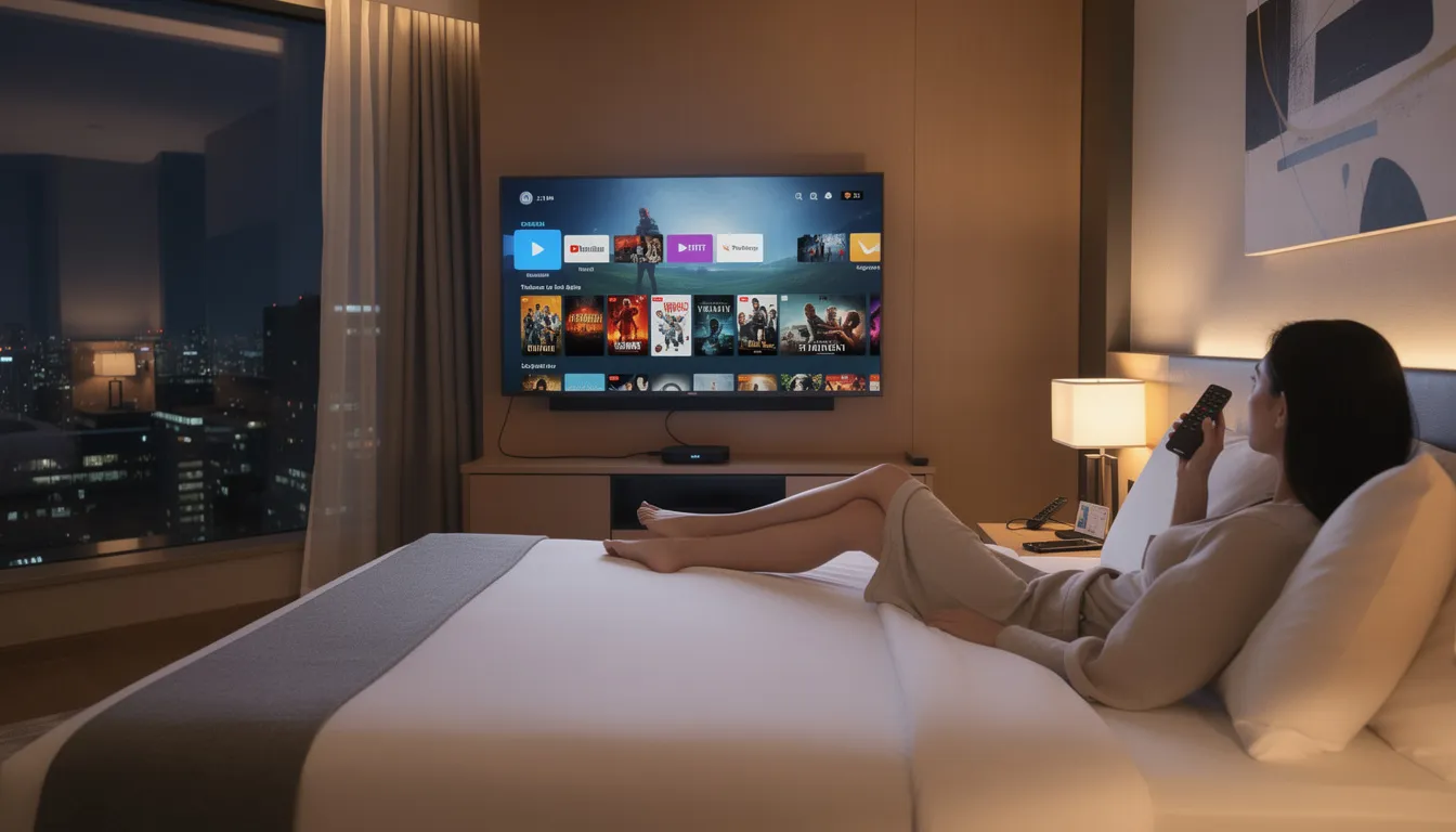 A person is comfortably relaxing in a modern hotel room, watching TV on a smart device, likely an Amazon Fire TV Stick, which is connected to various streaming services. The ambiance suggests a cozy environment perfect for enjoying popular streaming platforms like Amazon Prime Video.