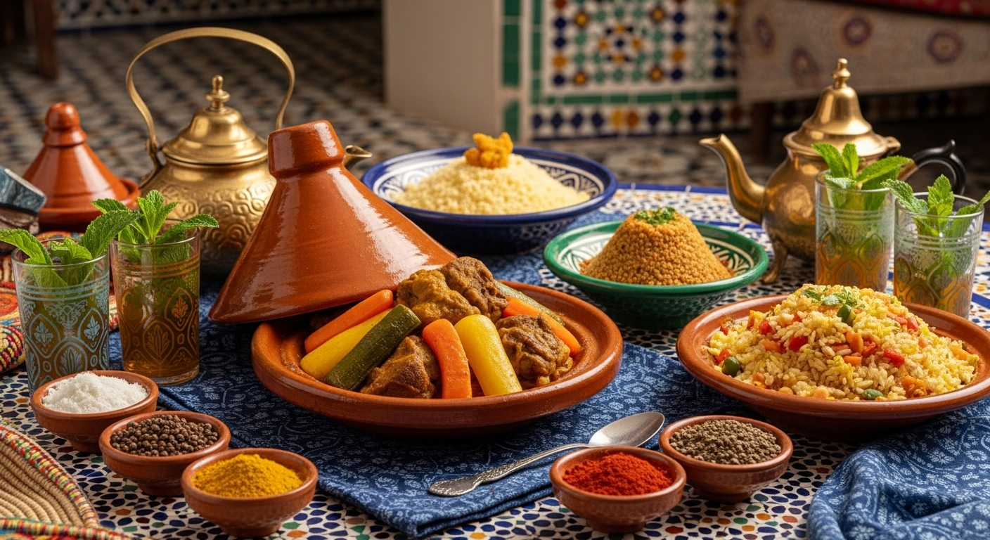 Traditional North African meal featuring Moroccan tagine with vegetables and meat, couscous, colorful spices, and mint tea in ornate glasses on a patterned table with brass teapots and vibrant ceramic dishes.