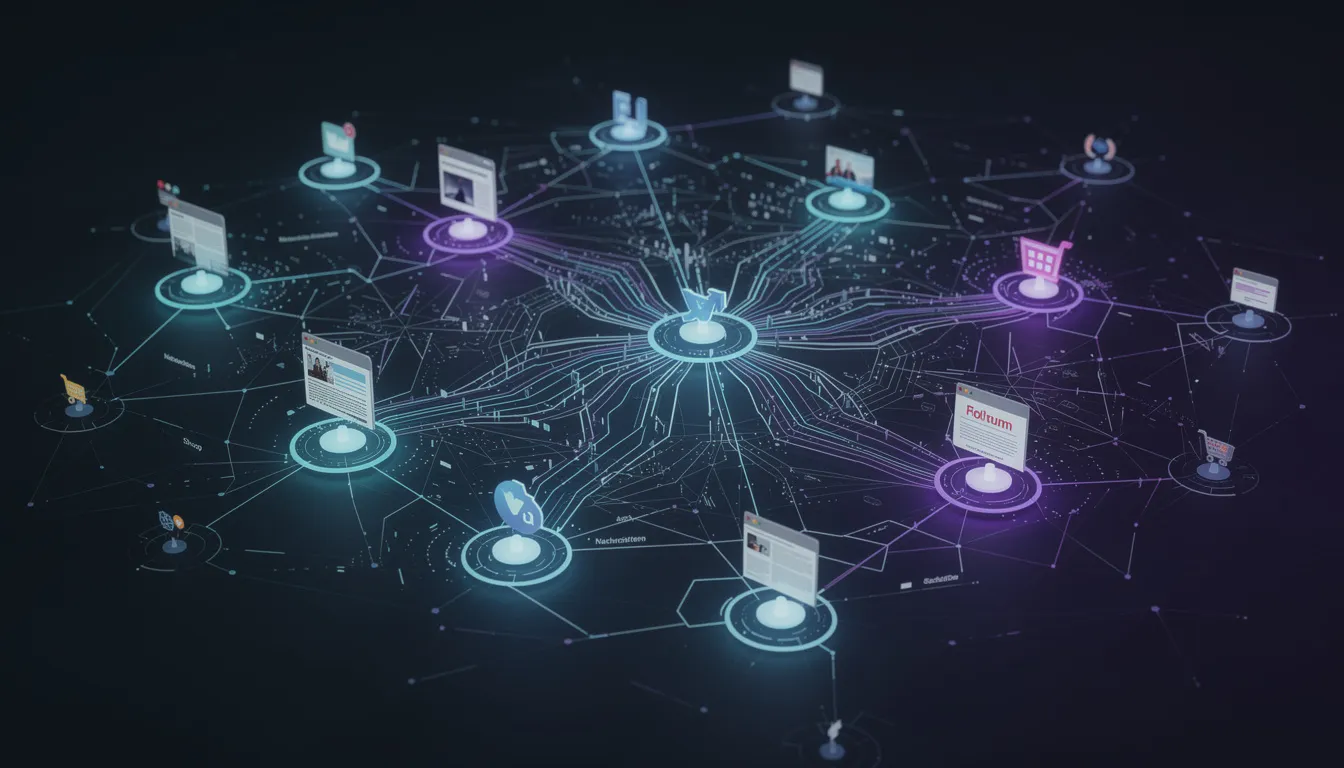 Das Bild zeigt ein Netzwerk aus miteinander verbundenen Knotenpunkten, die verschiedene Webseiten symbolisieren. Diese Knoten repräsentieren die Bedeutung von Offpage-Optimierung und Linkbuilding für das Suchmaschinenranking und die Sichtbarkeit in den Suchergebnissen.