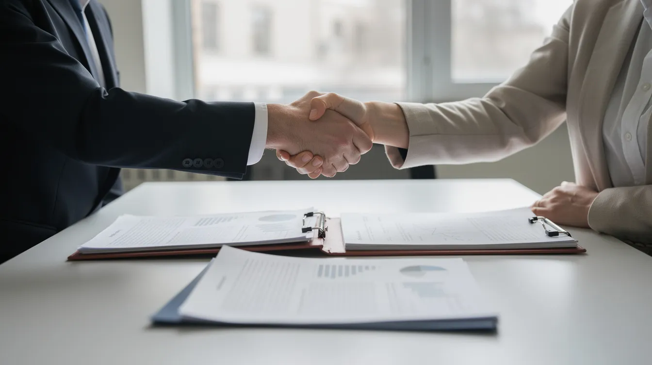 The image depicts two individuals shaking hands across a table filled with documents, symbolizing a successful loan agreement or financial transaction. The setting suggests a professional atmosphere, possibly related to private loans or financial companies discussing loan terms and approval processes.