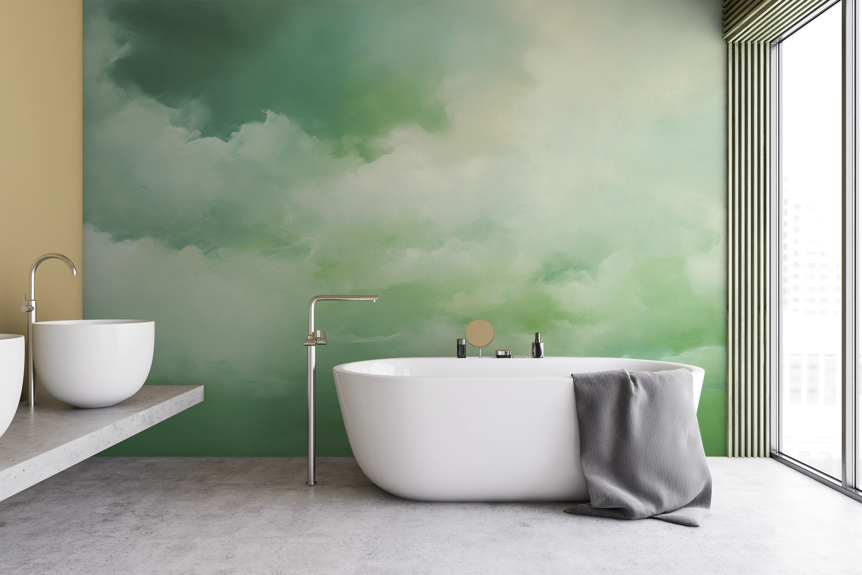 A sophisticated wall wallpaper featuring subtle shades of green and white, reminiscent of a calm morning sky reflected in the smooth surface of a lake.