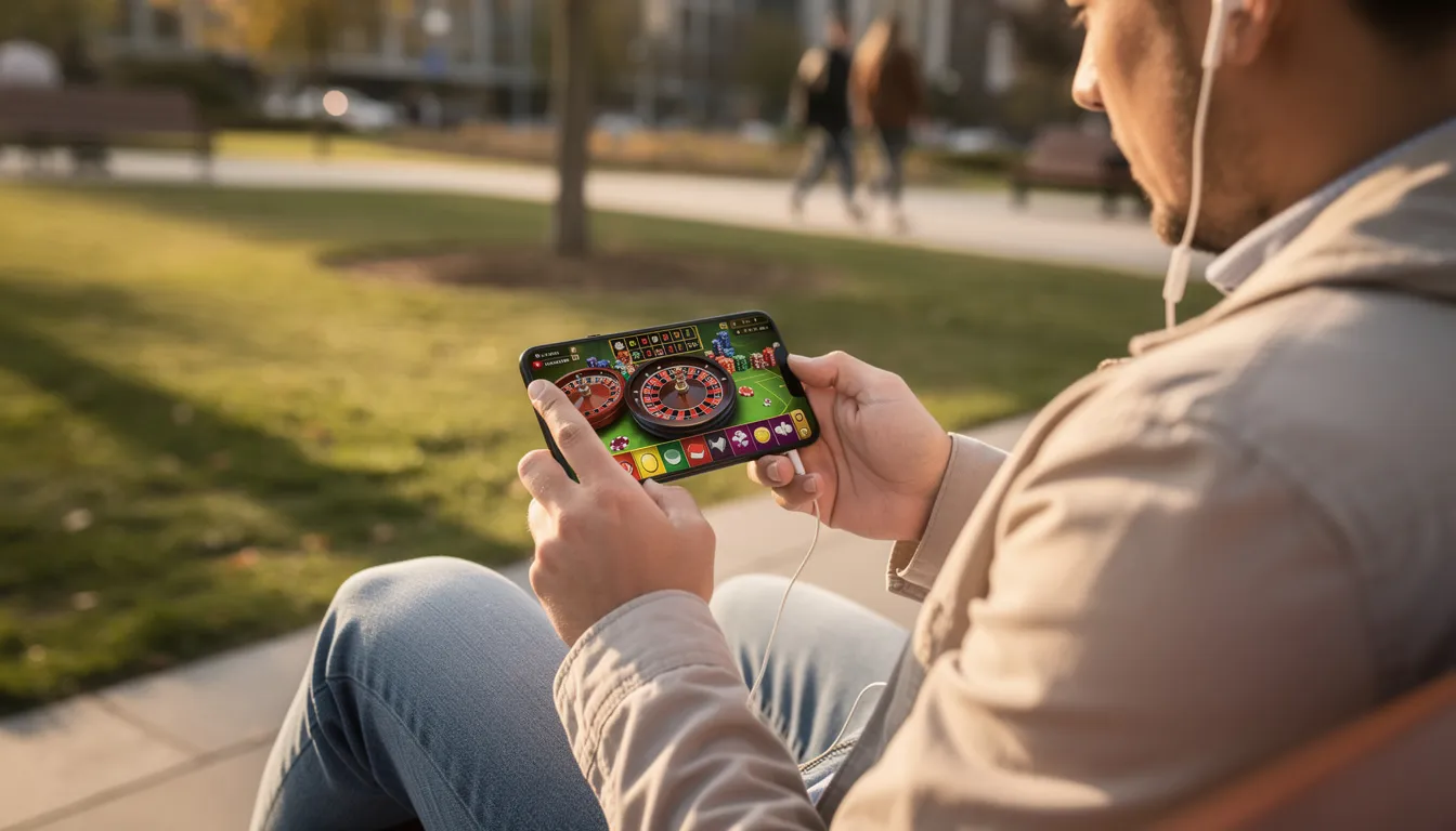 En person sitter utomhus och spelar casino på sin smartphone, med fokus på att njuta av spelupplevelsen hos spelklubben. Mobilen visar en live casino-session, vilket ger en känsla av spänning och underhållning i den friska luften.