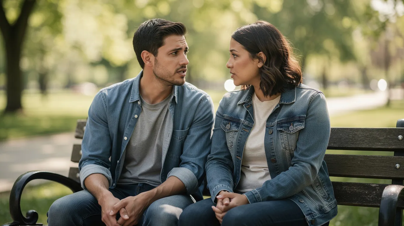 The image depicts two individuals engaged in an honest conversation while seated on a park bench, embodying the essence of a healthy relationship. Their open communication reflects a commitment to emotional safety and connection, highlighting the importance of discussing relationship issues in a supportive environment.