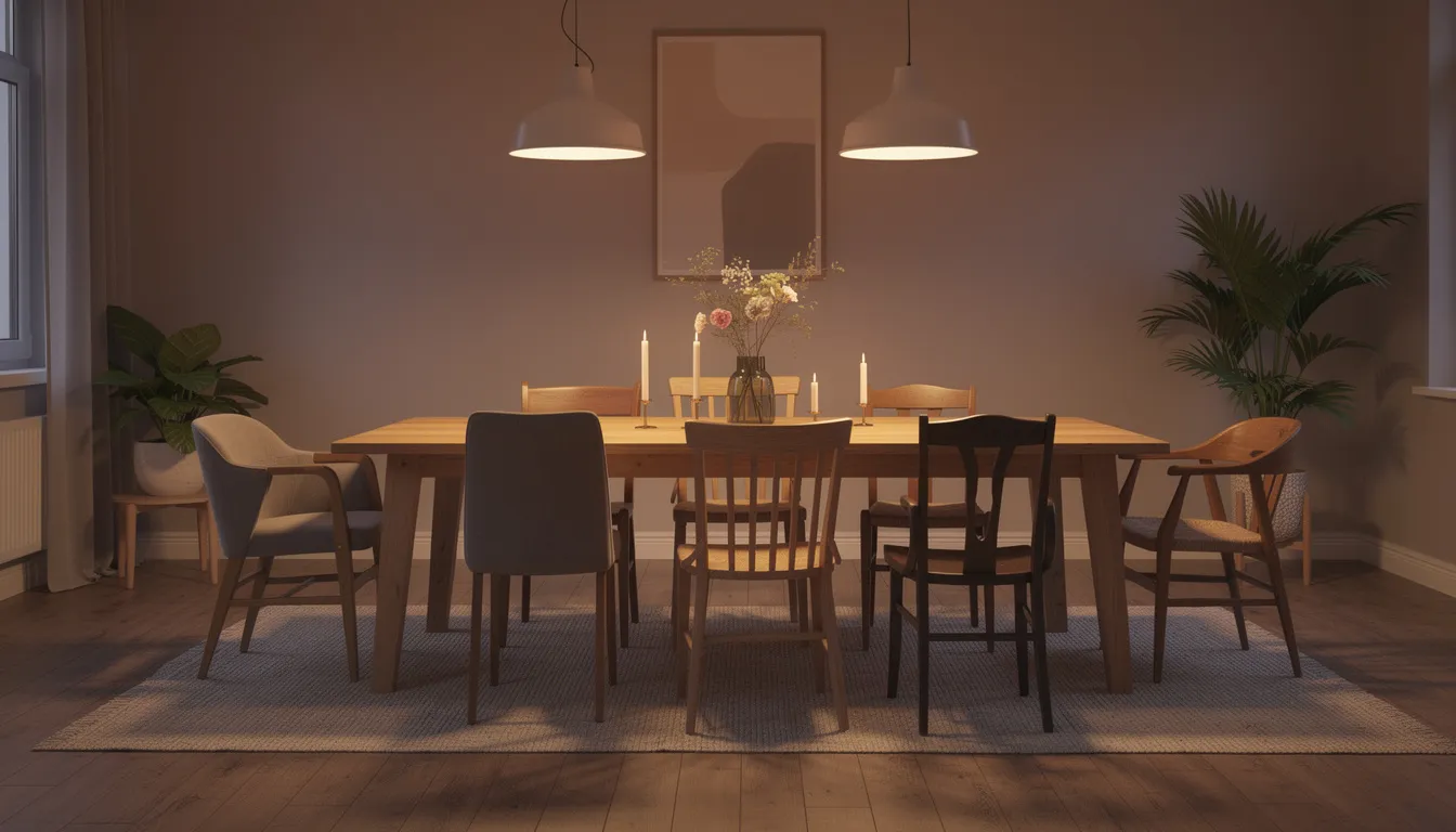 Een sfeervolle eetkamer met een grote houten eettafel in het midden, omringd door zes verschillende stoelen in uiteenlopende stijlen en kleuren. De ruimte ademt een gezellige sfeer uit, perfect voor het creëren van harmonieuze momenten met vrienden en familie.