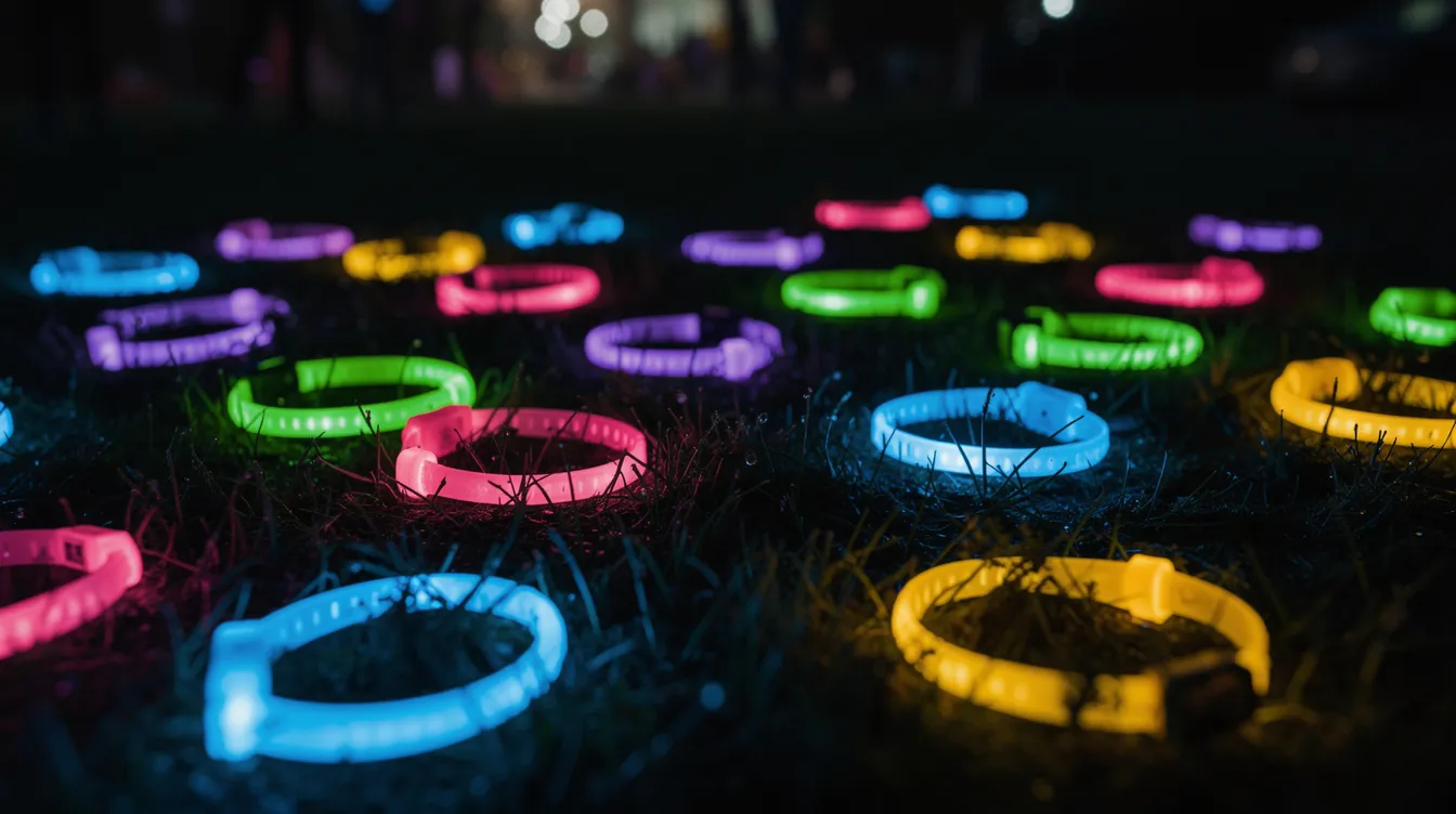 A dark grassy lawn is illuminated by colorful glow sticks and LED bracelets scattered around, creating a vibrant atmosphere for an outdoor movie night. This playful scene captures the essence of summer fun, where kids and families can enjoy yard games and make lasting memories under the stars.