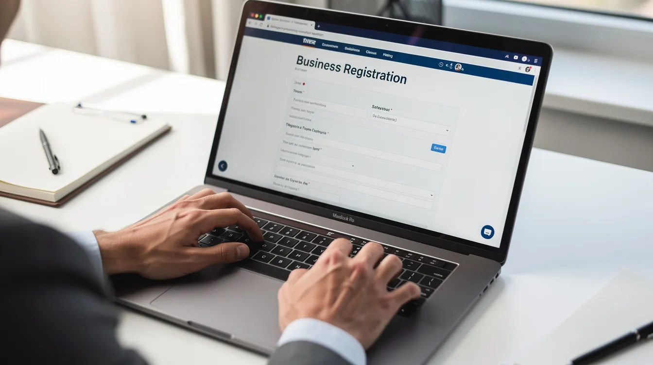 A close-up view of a person focused on filling out business registration forms on a laptop, indicating the steps to start their own small business. The image captures the essence of preparing for a side hustle or online store, highlighting the importance of a solid business plan and effective digital marketing strategies.