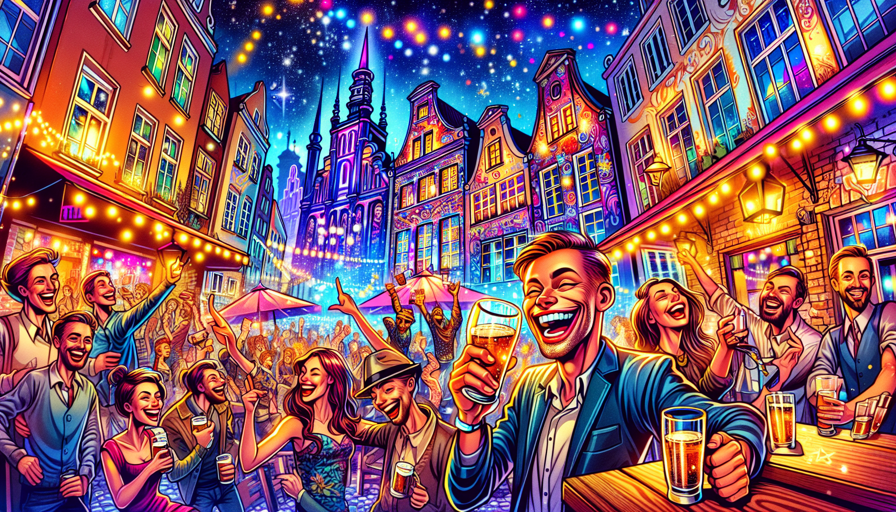 An artistic representation of Gdansk nightlife with clubs and bars bustling with energy, ideal for stag parties.