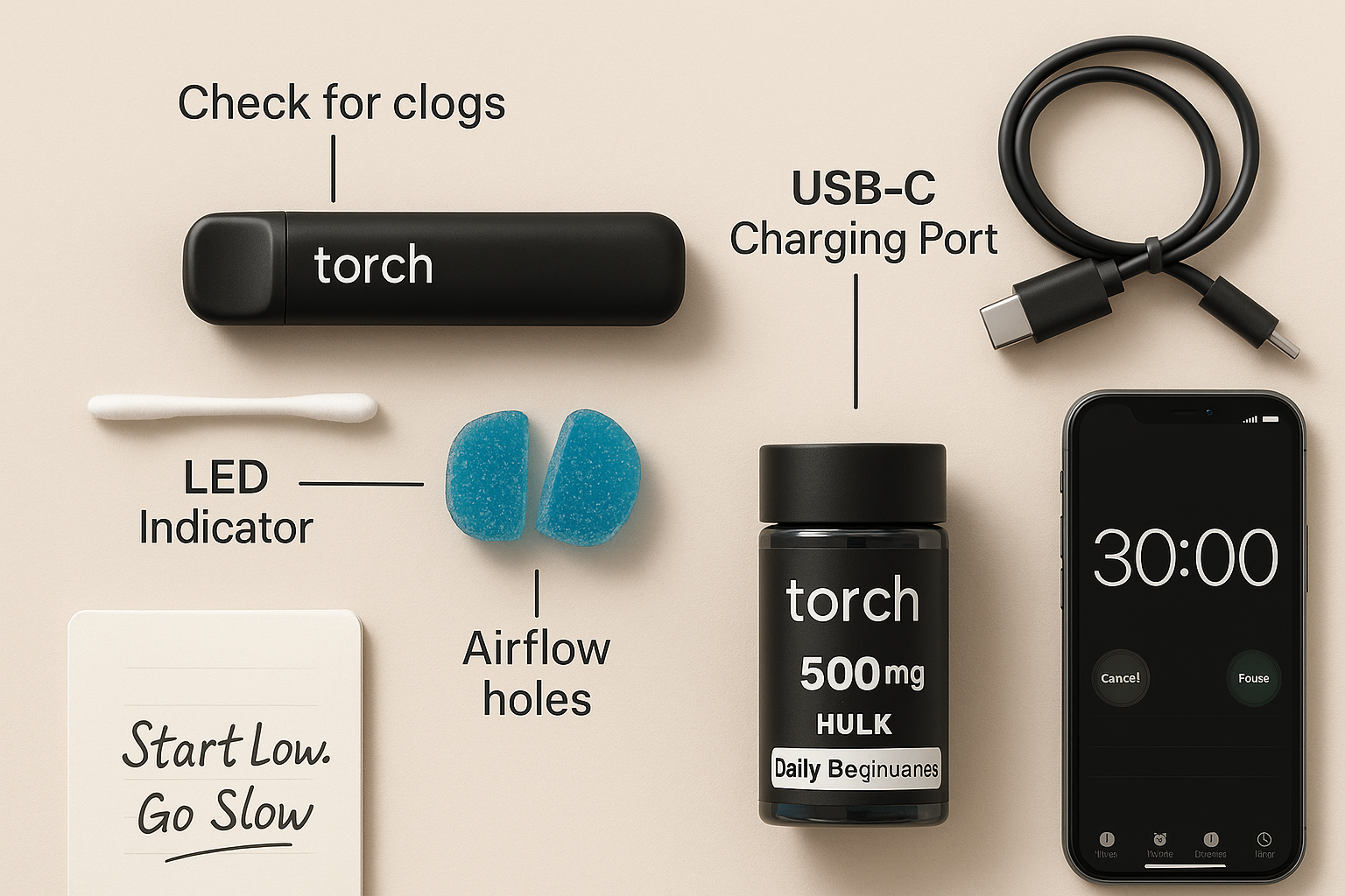 Flat lay of a Torch disposable vape with labeled components and cleaning tools, illustrating common troubleshooting steps like airflow and charging.
