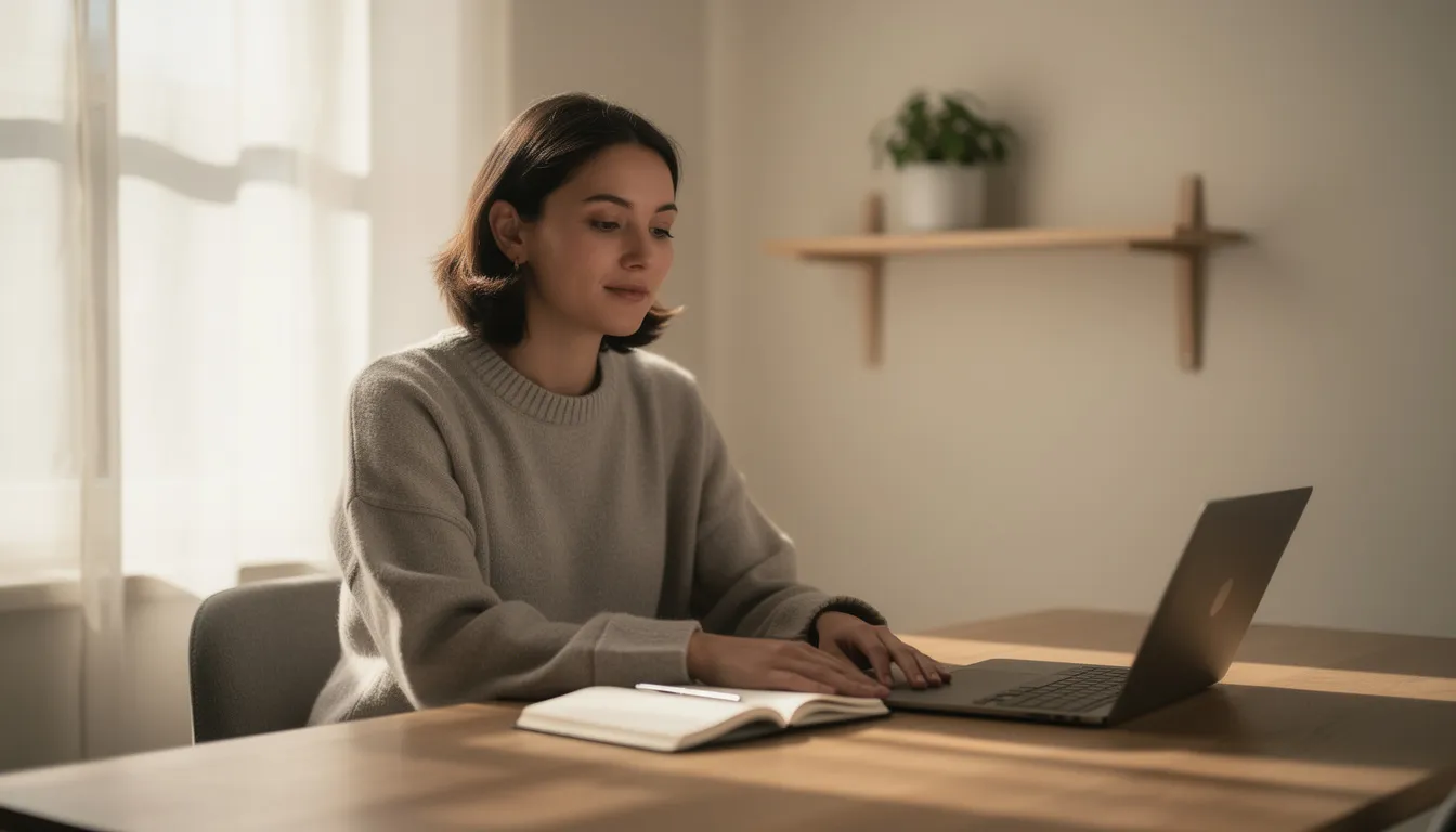 En person sitter lugnt vid ett skrivbord, omgiven av böcker och en laptop, vilket skapar en avkopplande atmosfär. I bakgrunden kan man ana en känsla av fokus och koncentration, perfekt för att spela casino online eller utforska nya spel.