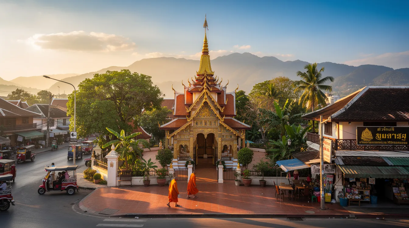 A imagem retrata a cidade de Chiang Mai, na Tailândia, com seus famosos templos, como o Wat Phra Kaew, e a vibrante cultura local. É um destino popular para turistas, que buscam explorar a gastronomia tailandesa e desfrutar de passeios com amigos em meio à natureza exuberante.