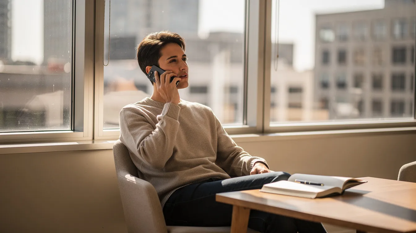 A person is sitting near a window, engaged in a conversation on their cell phone, with a notepad placed beside them. The scene captures a moment of focus and communication, possibly related to topics like security verification or firearms licensing in Puerto Rico.