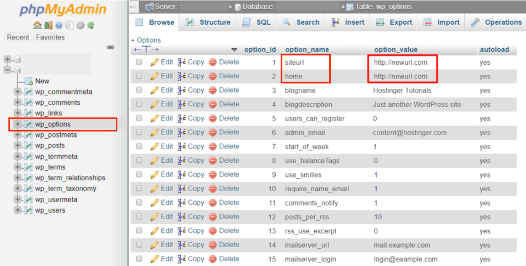 Elements you should look for in phpMyAdmin panel. /Source: hostinger.com