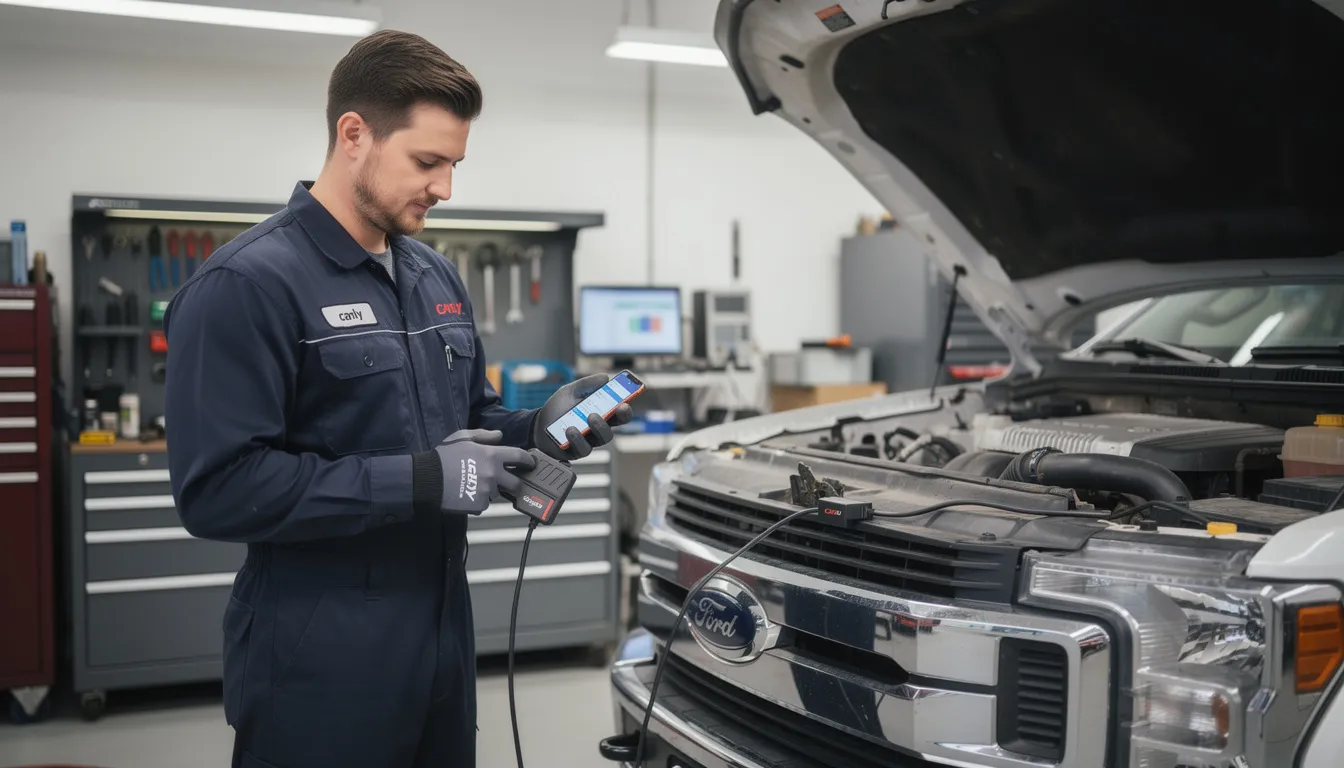 A professional mechanic is using a Carly OBD scanner to diagnose a diesel truck, focusing on its engine performance and emissions systems, including the diesel particulate filter and exhaust gas recirculation. The mechanic is checking error codes to ensure better fuel economy and compliance with environmental regulations.