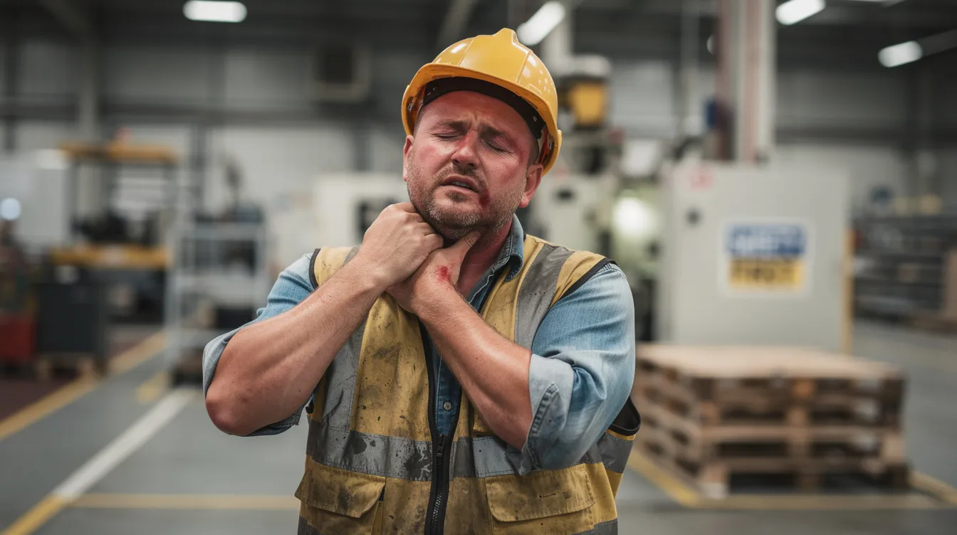 An injured worker is holding their neck in pain after a work-related accident, highlighting the serious nature of neck injuries that can occur in physically demanding jobs. This image emphasizes the importance of understanding workers compensation benefits and the process for filing a workers compensation claim for lost wages and medical expenses.