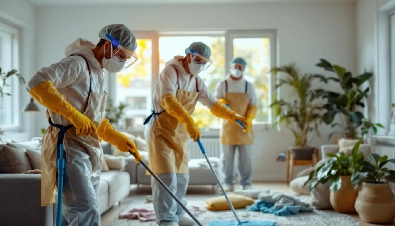 A professional cleaning team in protective equipment is respectfully working in a home environment, focused on trauma cleanup after an unattended death. They are dedicated to providing compassionate death cleanup services, ensuring safety and respect for the family's feelings during this difficult time.