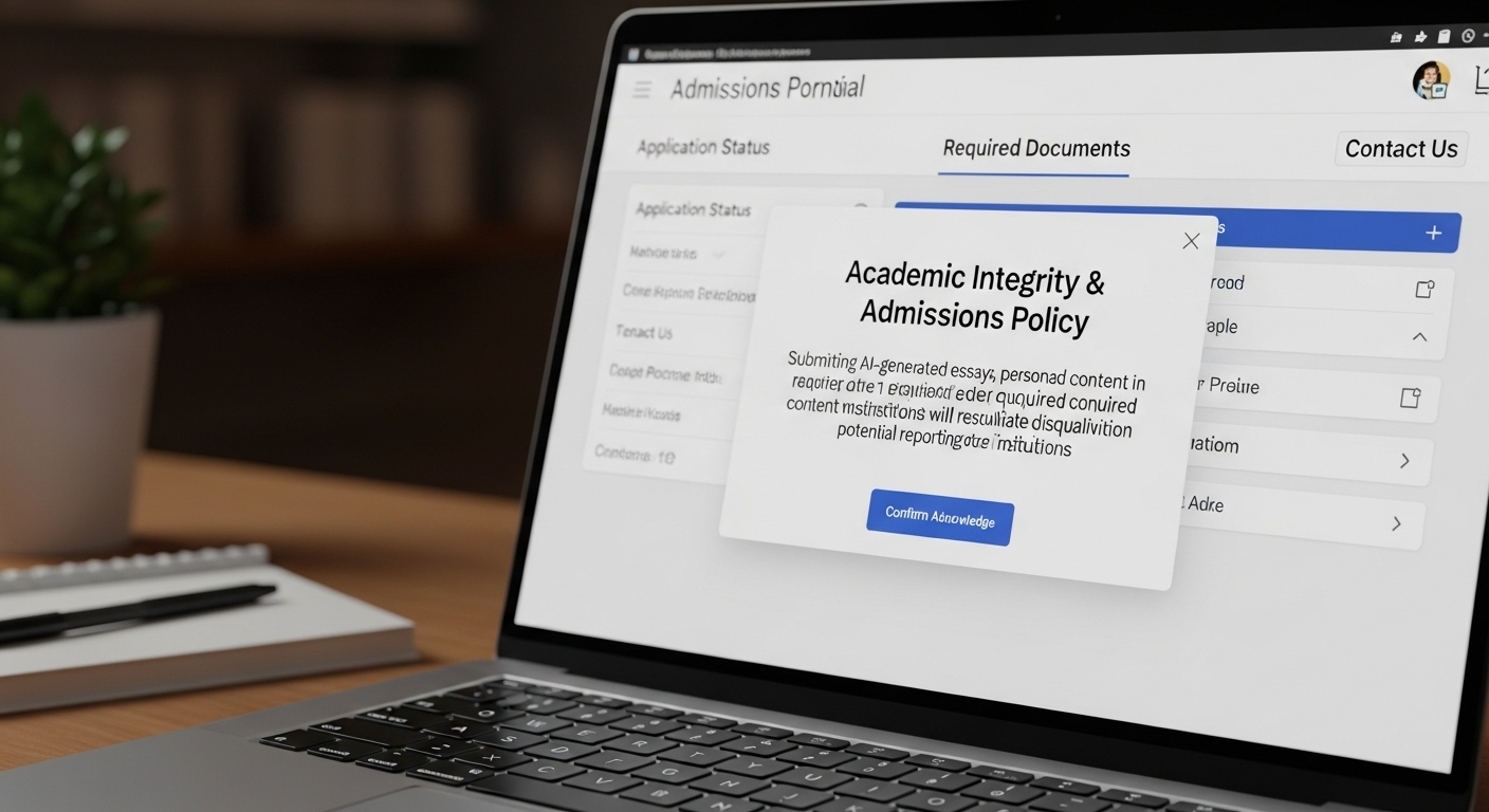College admissions portal highlighting fraud policy regarding AI-generated content.