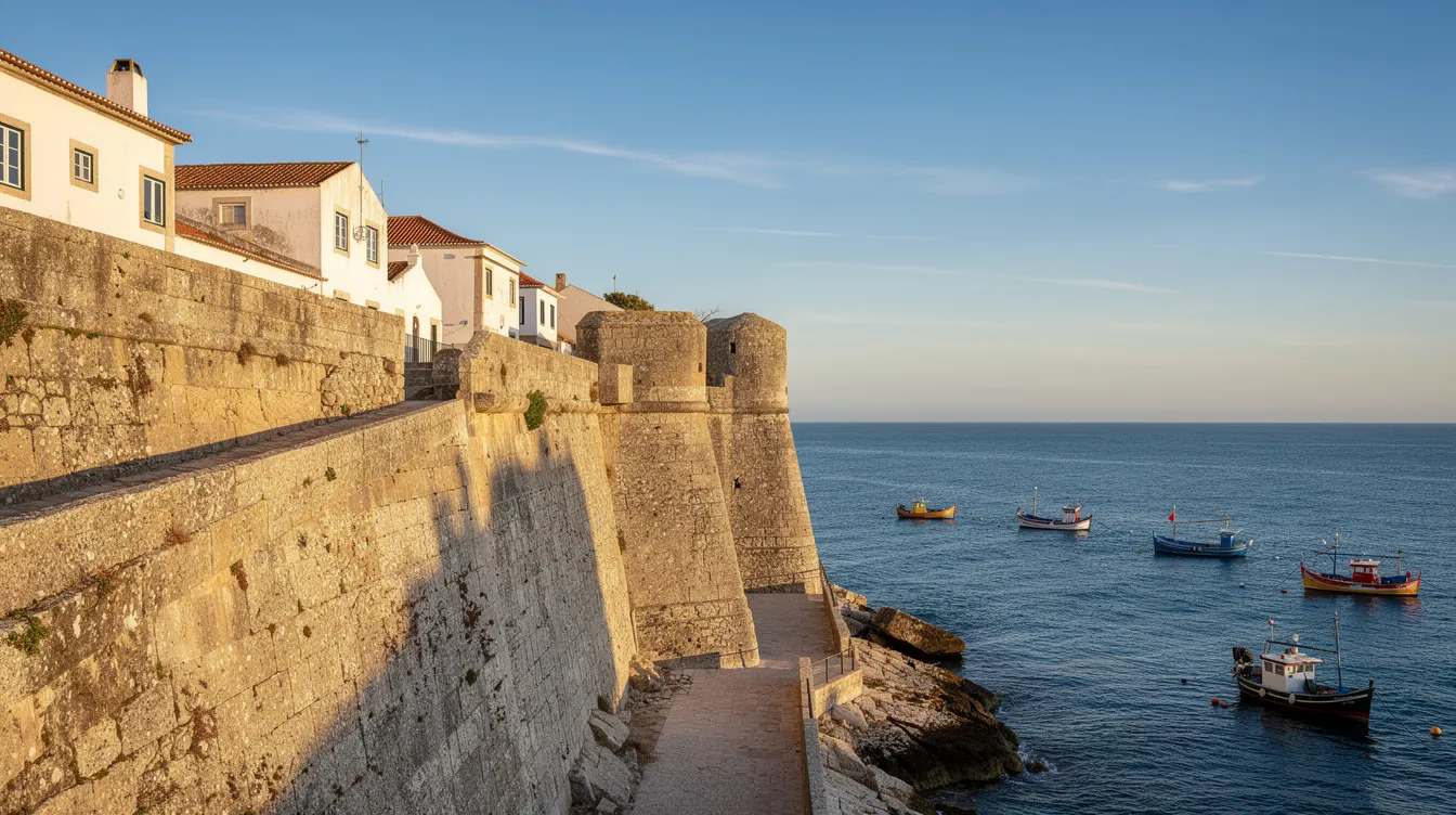 Remparts portugais sur la côte atlantique avec des bateaux de pêche en arrière-plan.