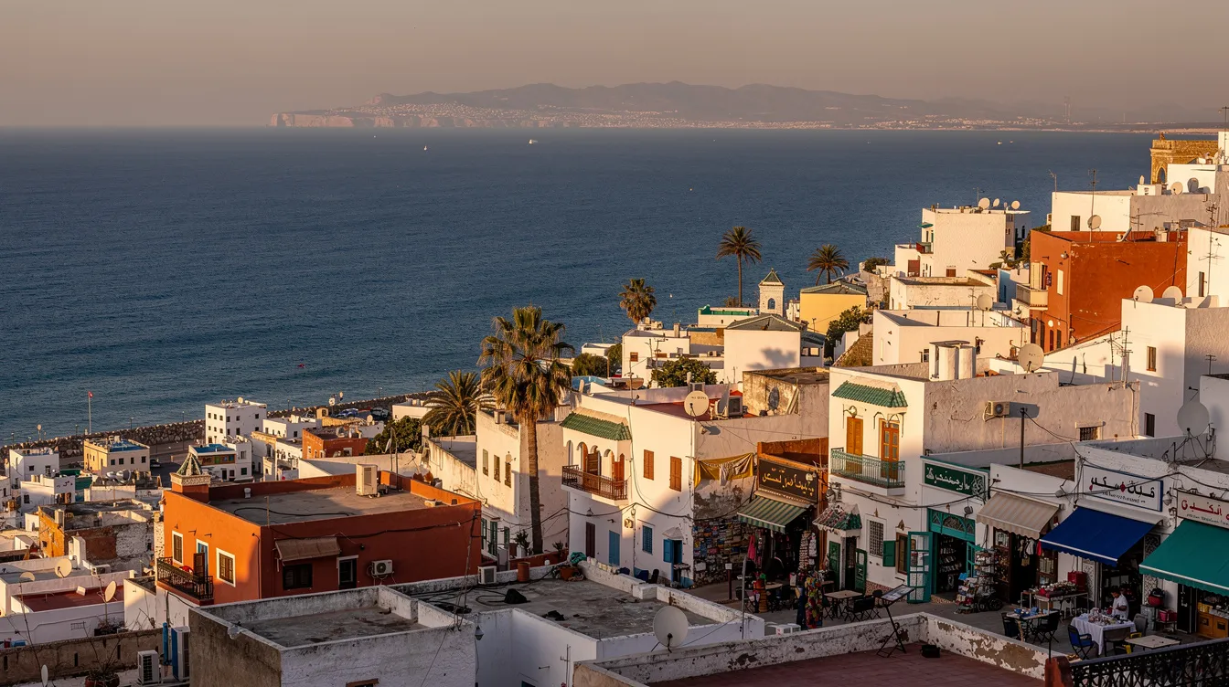 A imagem retrata a vibrante cidade de Tânger, em Marrocos, com suas ruas movimentadas e arquitetura colorida, refletindo a rica cultura marroquina. Ao fundo, é possível ver as montanhas e o mar, simbolizando a localização única da cidade entre a Europa e a África.