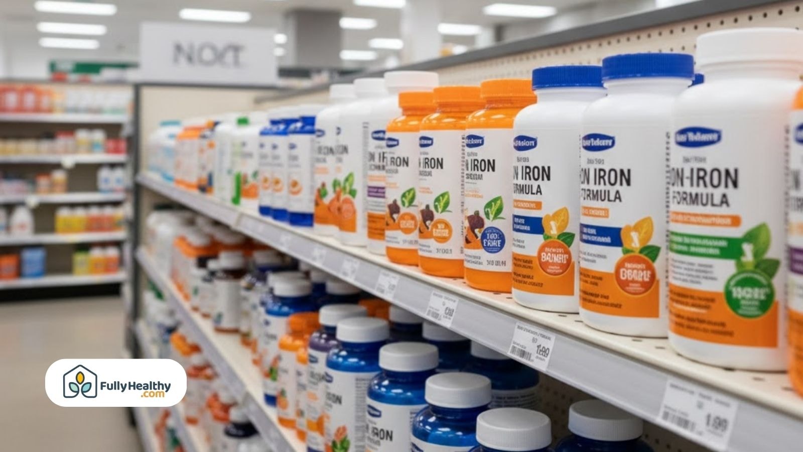 Store shelf displaying iron and non-iron multivitamin bottles.