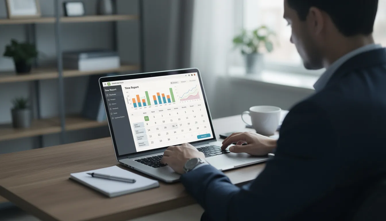 A person is focused on analyzing time tracking data and their calendar on a laptop, utilizing effective time management strategies to organize tasks and prioritize daily responsibilities. The scene reflects the importance of maintaining productivity and managing time effectively to reduce stress and meet deadlines.