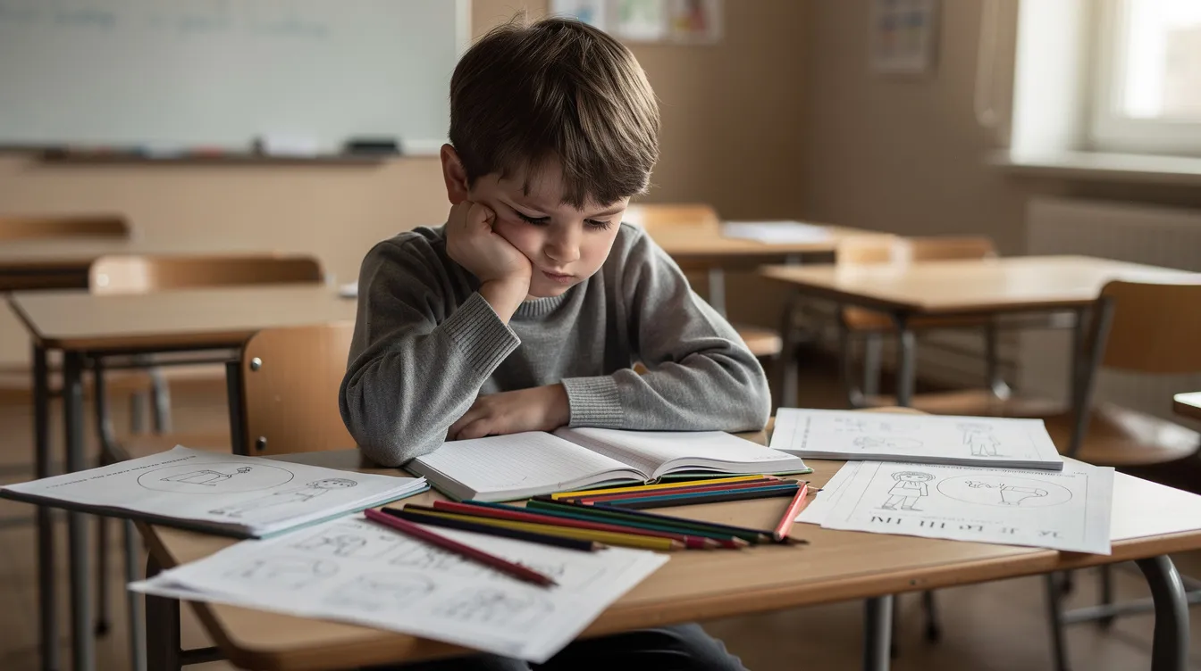 A young child sits alone at a desk, surrounded by scattered worksheets and pencils, looking overwhelmed while resting their chin on their hand. This scene reflects the struggles some children face in mainstream school, highlighting the need for additional support and coping strategies to manage learning disabilities and mental health issues.