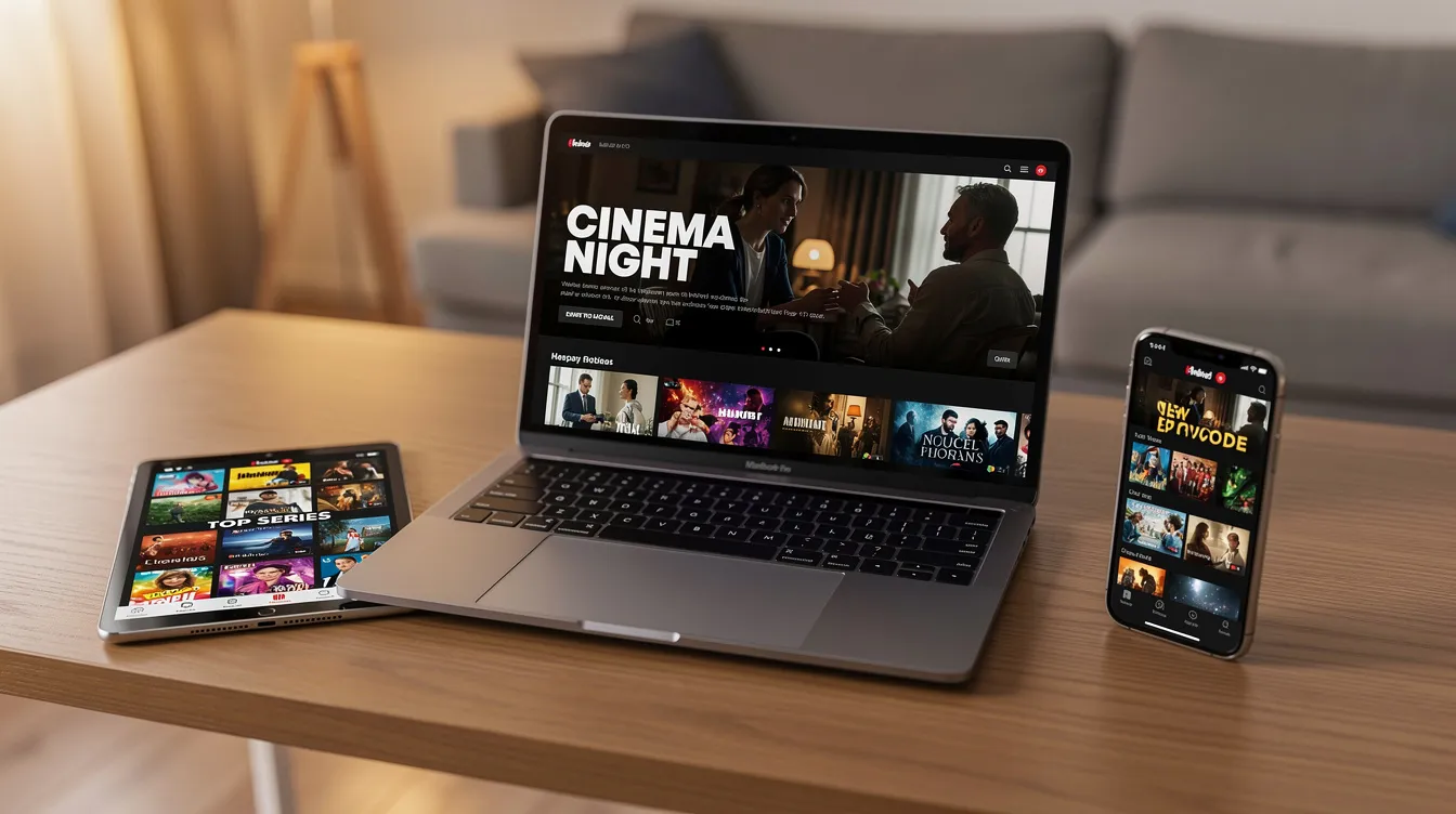 The image shows a tablet, smartphone, and laptop, each displaying different streaming content, highlighting the versatility of internet protocol television (IPTV) across multiple devices. This setup emphasizes the convenience of watching live TV channels and on-demand content with a stable internet connection.