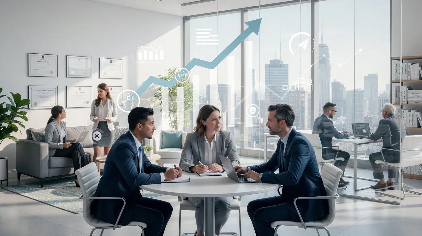 The image depicts a diverse group of professional coaches engaged in a dynamic coaching session, emphasizing various specialties such as life coaching and business coaching. They are collaborating to enhance their coaching skills and discuss strategies for building a successful coaching business that meets the needs of their clients.
