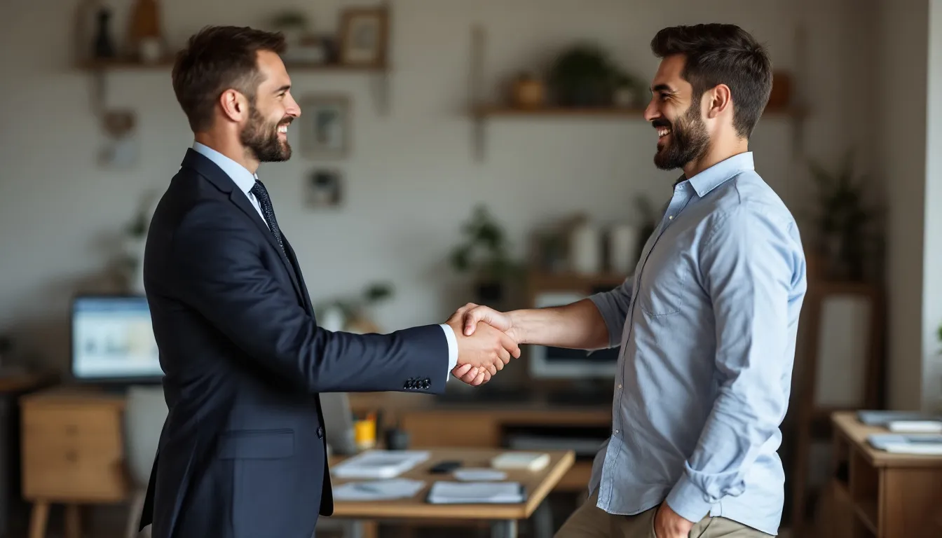 In the image, a mortgage broker is engaging in a friendly handshake with happy home buyers, symbolizing the successful conclusion of the home loan process. This moment reflects the broker's commitment to providing expert guidance and support in securing the best mortgage deal for clients on their property journey.