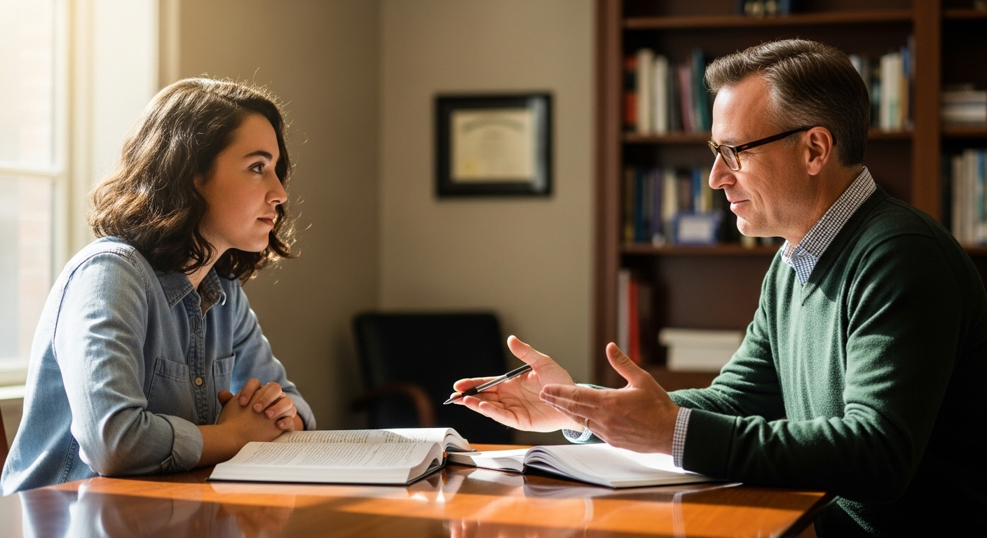 Calm discussion between student and instructor focused on clarification, not accusation