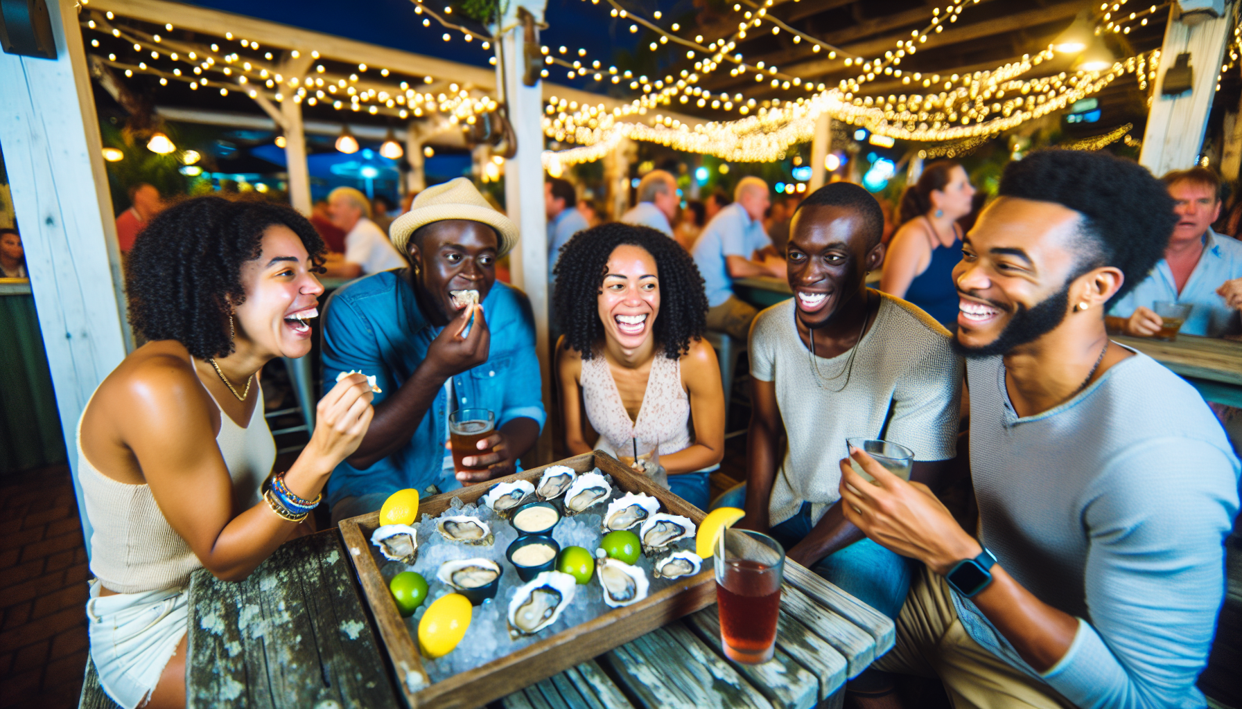 A group of friends enjoying oysters and drinks during a lively happy hour in Fort Lauderdale