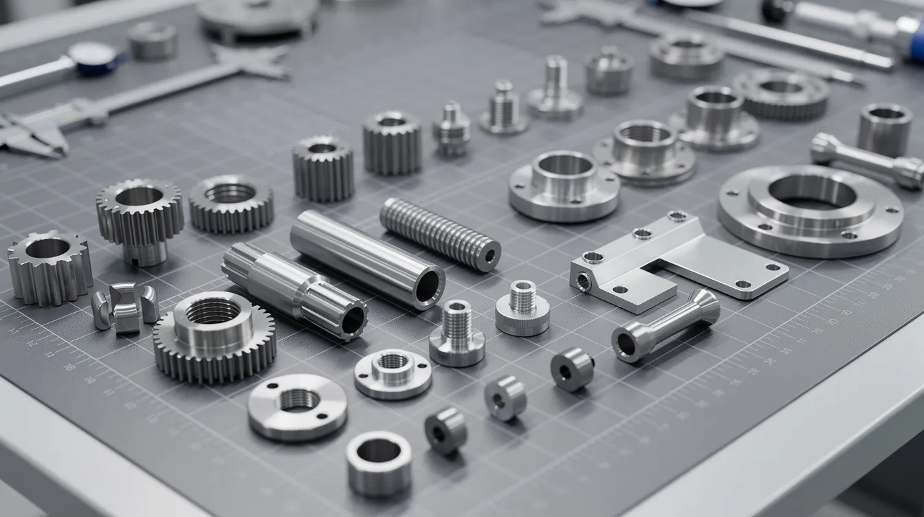 The image shows various precision-machined metal components neatly arranged on an inspection table, highlighting the high-quality standards of cnc machining services in the manufacturing industry. These intricate parts, made from materials like carbon steel and aluminum, demonstrate the expertise and attention to detail of a skilled team in a machine shop.