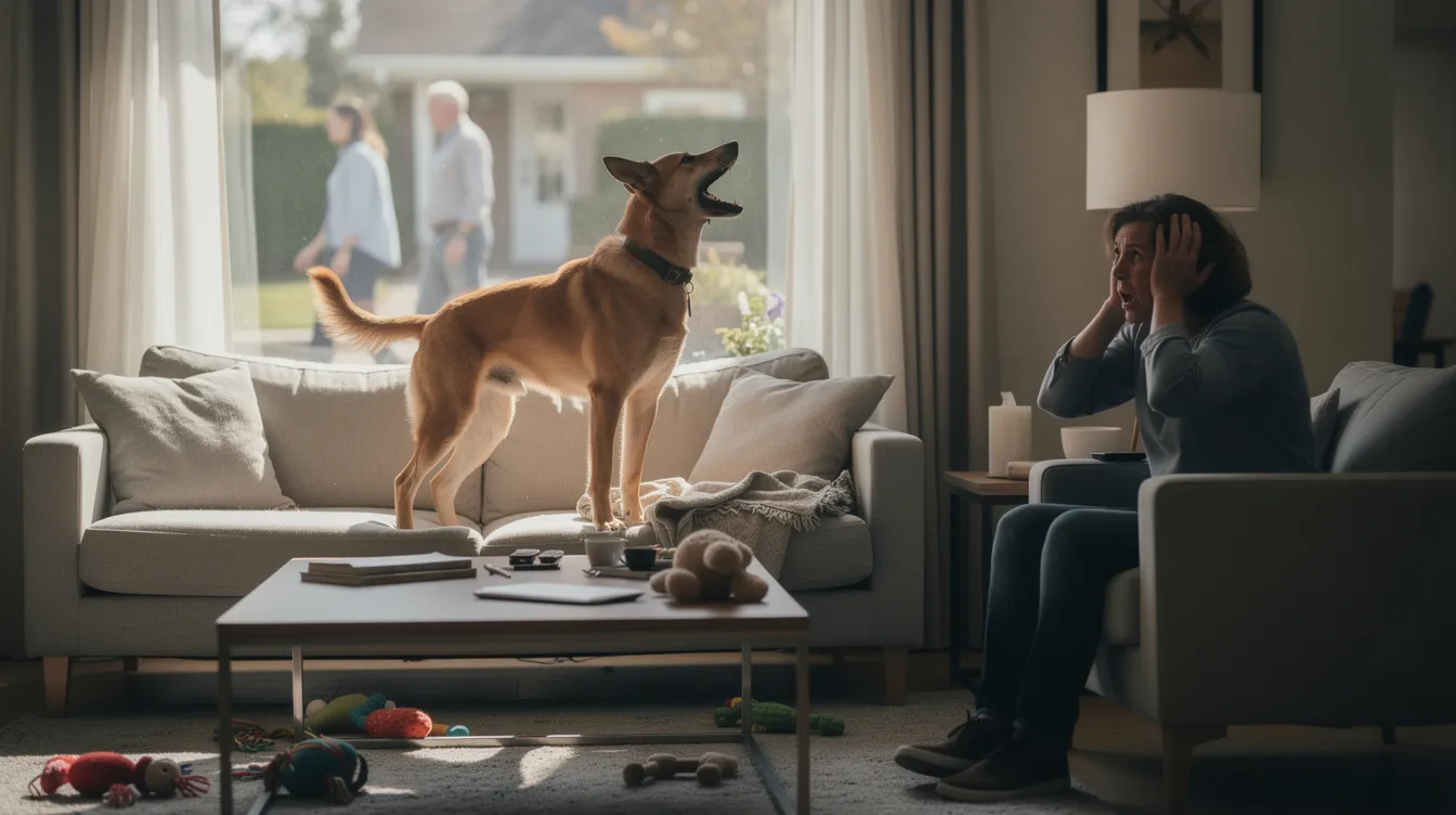 The image depicts a concerned dog standing near a front door, its ears perked up and mouth slightly open as it barks, illustrating the concept of excessive barking. This scene captures the dog's alertness and possible anxiety, reflecting common reasons why many dogs bark excessively, such as territorial behavior or separation anxiety.