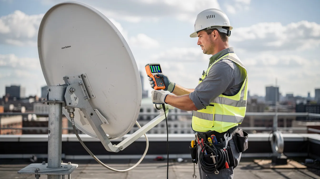 A skilled technician is using a signal meter to align a satellite dish for optimal DSTV signal reception, ensuring crystal clear viewing. This professional installation service is essential for troubleshooting DSTV problems and providing quality workmanship in Plettenberg Bay.
