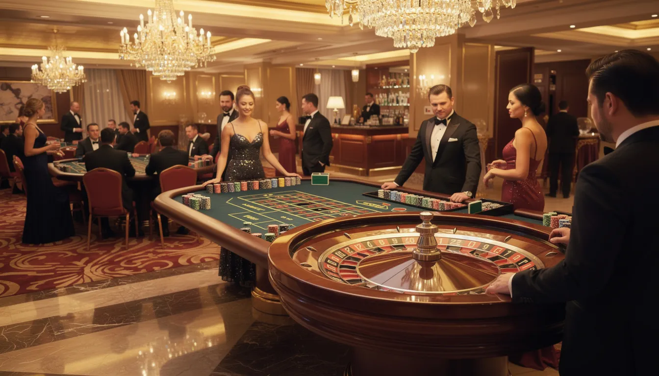 En elegant inredning av ett landbaserat casino med roulettebord och välklädda gäster som njuter av atmosfären. Det är en plats där man kan spela live casino med riktiga dealers och uppleva spänningen av olika typer av live spel.