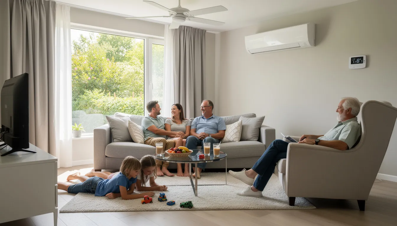 A family is enjoying a relaxing moment in their air-conditioned living room during summer, surrounded by comfortable furniture. The scene highlights the importance of a new HVAC system for home comfort, ensuring energy efficiency and cooling needs are met.