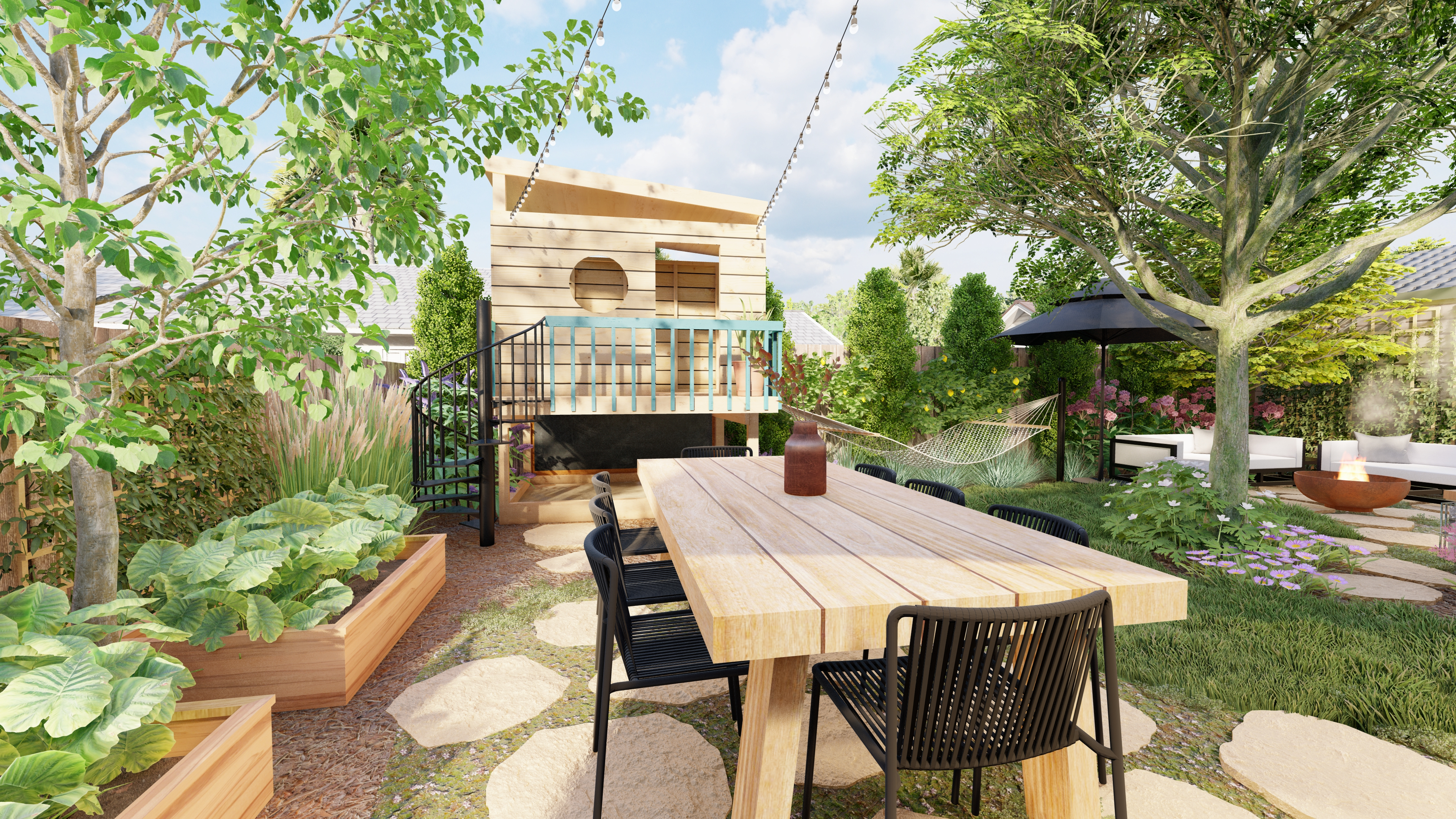 A great playscape next to an outdoor table