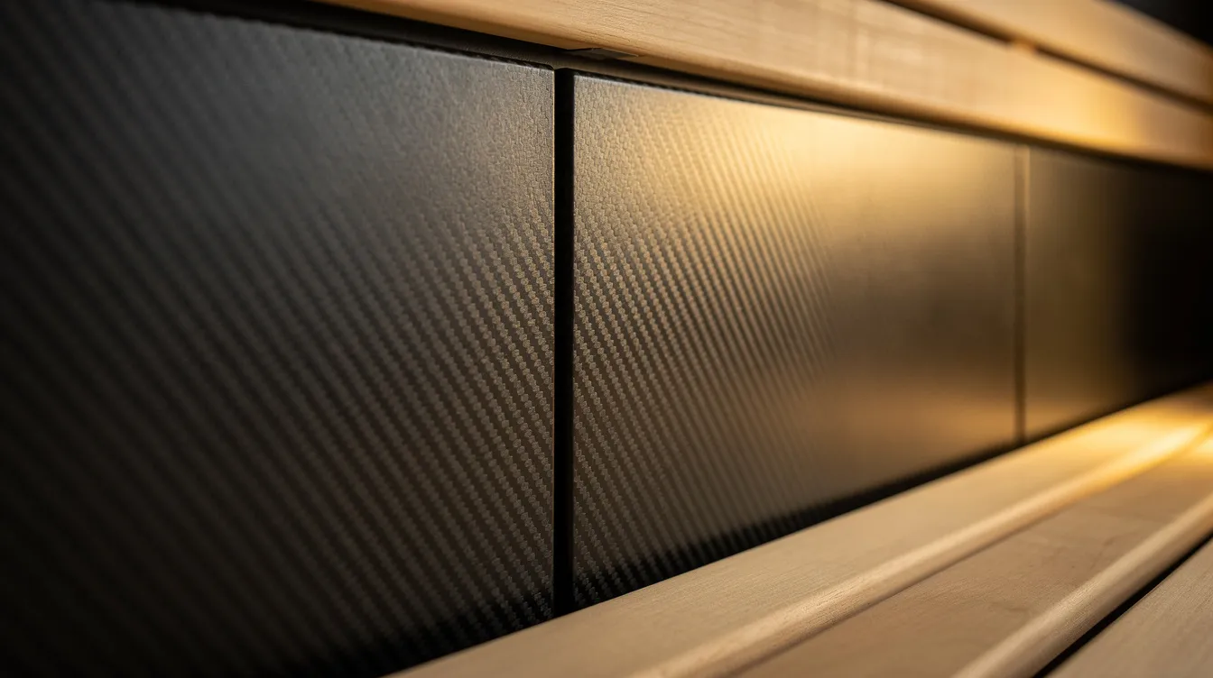 The image shows a close-up of carbon fiber flat panels installed along a sauna wall, highlighting the sleek design and modern heating technology. These carbon panels are known for their energy efficiency and ability to provide uniform heat distribution, making them a popular choice among infrared sauna heaters.