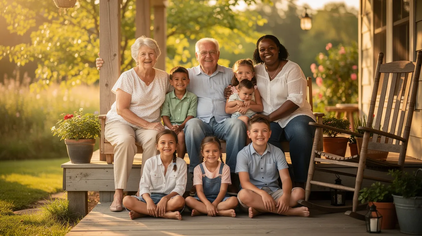 A multigenerational family is gathered together on a porch during late summer, enjoying each other's company and sharing laughter. This scene reflects the importance of family connections and could serve as a perfect opportunity to discuss health insurance coverage and review current insurance plans for unexpected medical expenses.