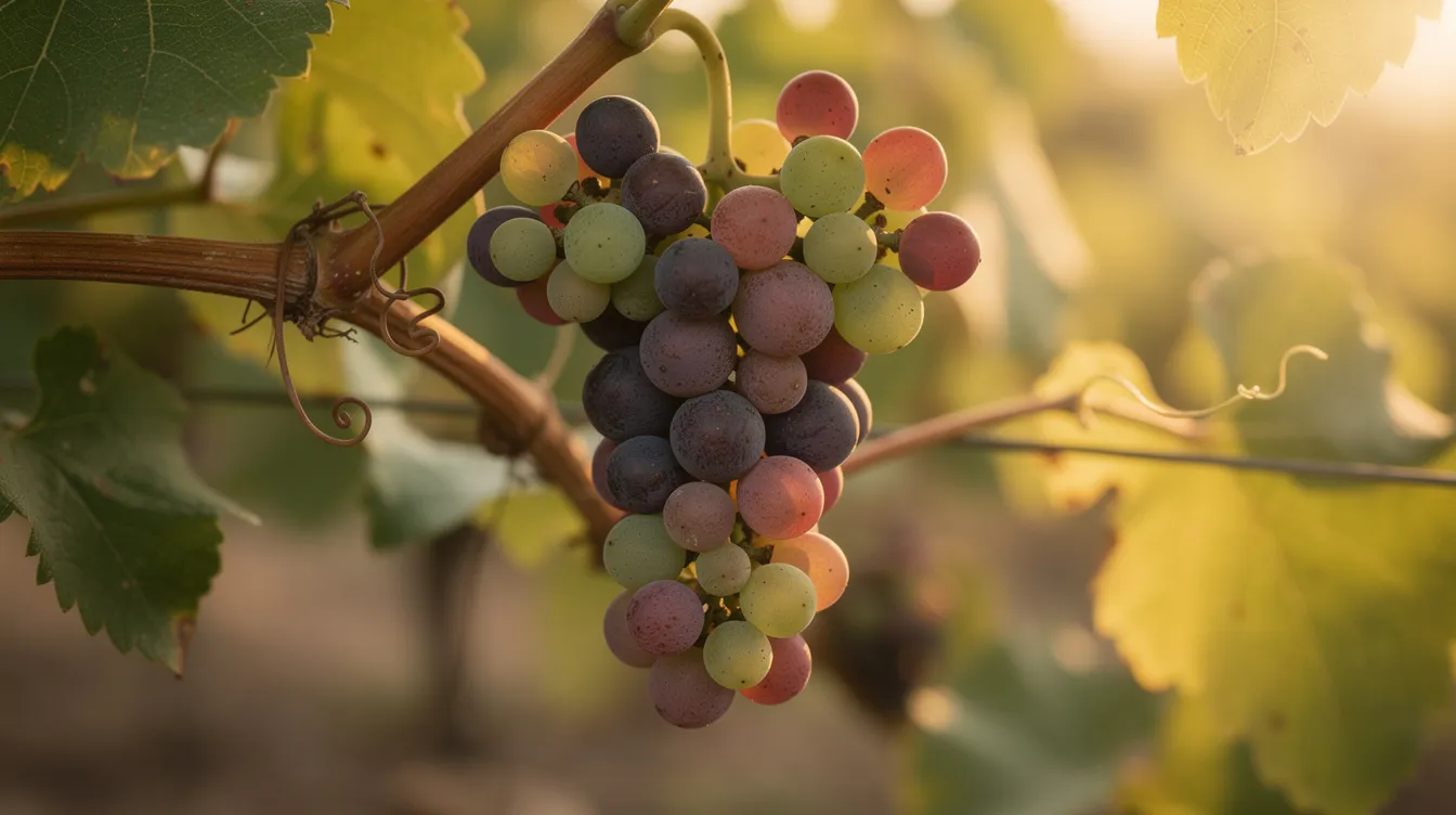 A close-up of a grape cluster on a vine showcases a mix of green and purple grape berries, illustrating the veraison process during late summer ripening. This transition marks an important moment in grape development, as the berries begin to accumulate sugars and undergo color change, indicating their journey towards optimal ripeness for harvest.