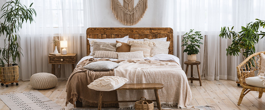 A bohemian style room features many natural elements and neutral colour palettes.
